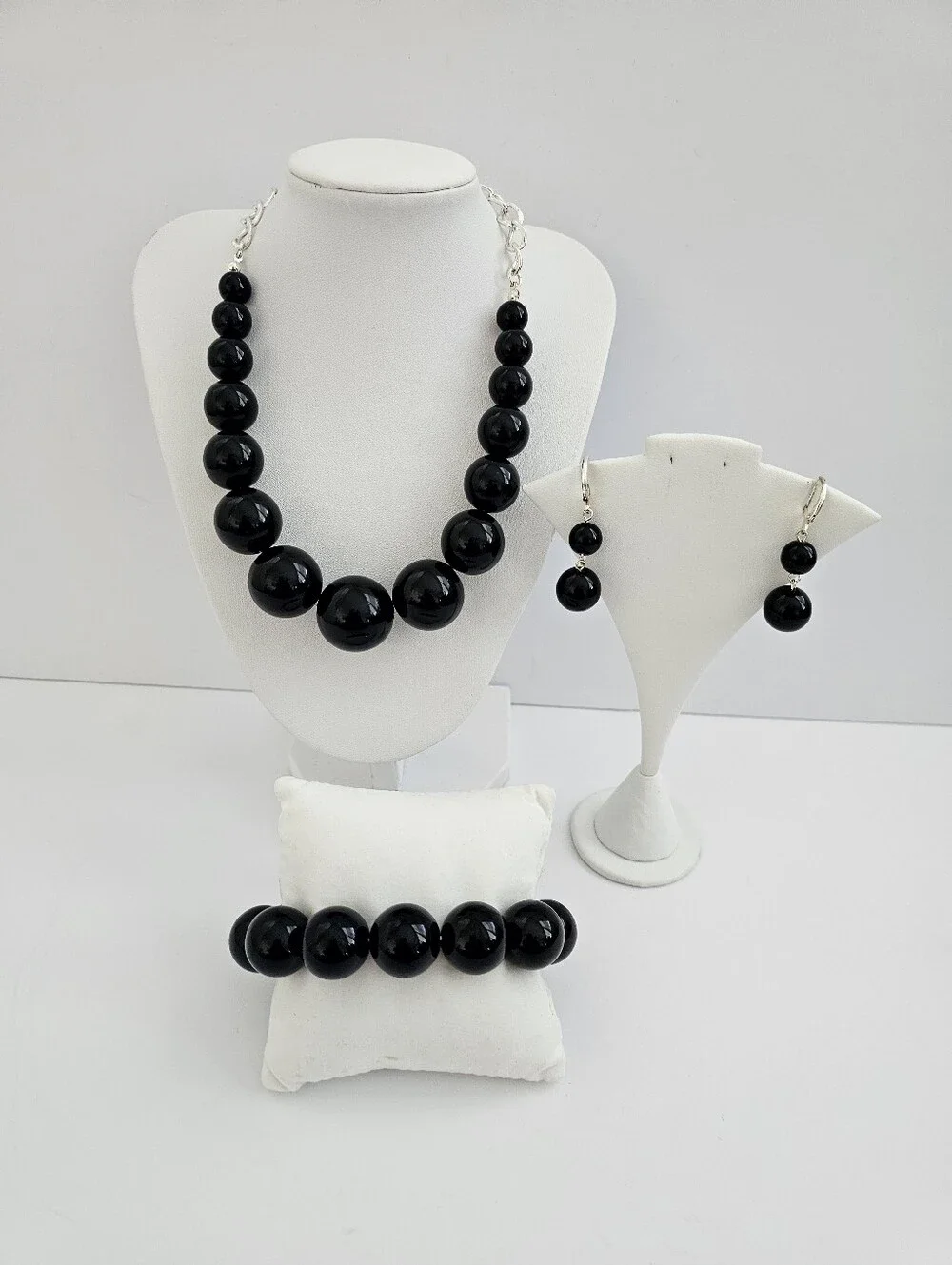 Black Bead Statement Jewelry Set Necklace, Stretch Bracelet & Earrings